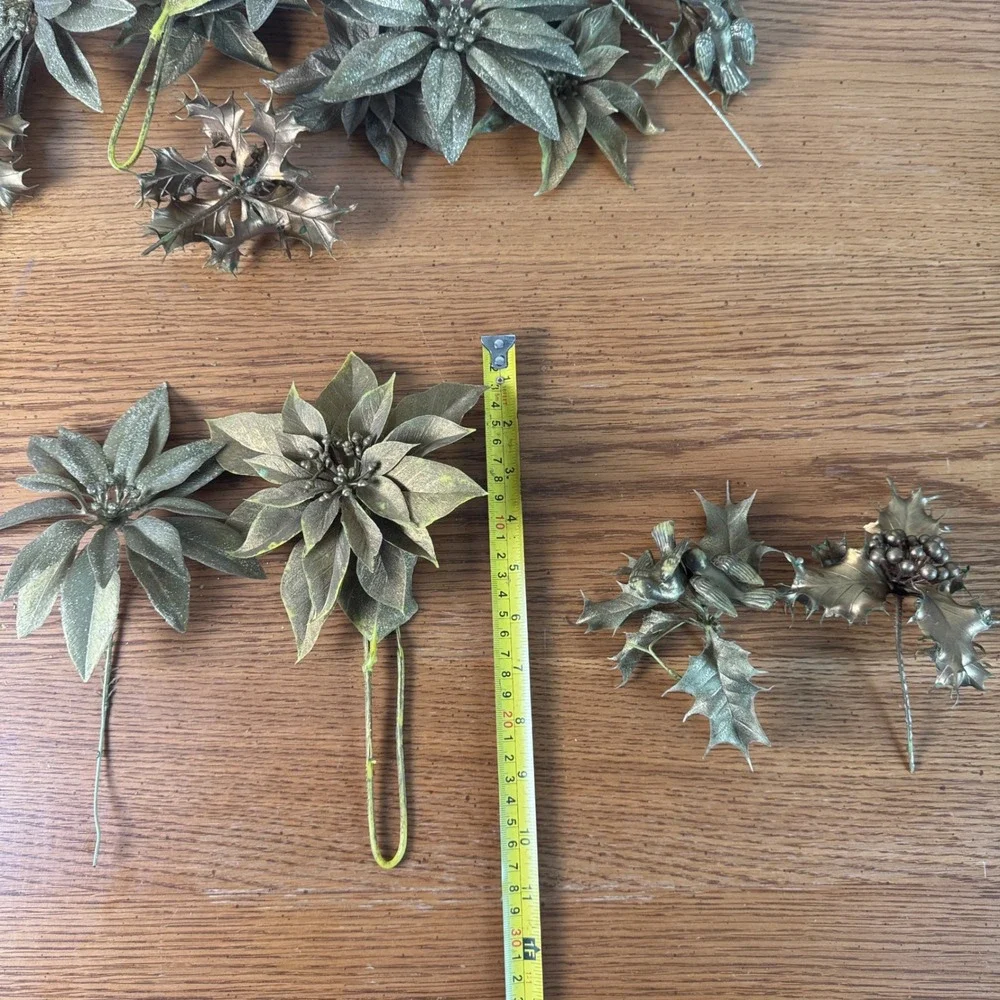 Vintage Metallic Gold Artificial‎ Poinsettia Holly Berry Picks Christmas Decor